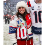 Ann Michael Maye AFC Championship Game Gingham Trim, Drake Maye Branding, and Vintage Patriots Logo Patchwork Puffer Jacket