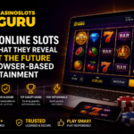 Promotional feature image for CasinoSlotsGuru showing a laptop and smartphone displaying colorful online slot games. The design highlights free online slots, browser-based entertainment, secure gaming, fast withdrawals, and instant play. The CasinoSlotsGuru logo appears prominently against a dark background with gold accents, casino chips, and gaming-themed visuals.