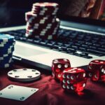 ai generated online casino casino chips and dice lying on the laptop keyboard photo