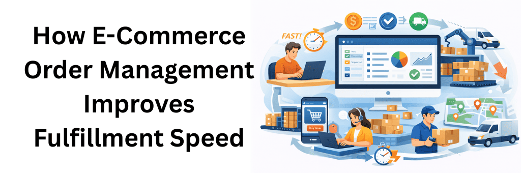 Illustration showing how e-commerce order management improves fulfillment speed with real-time order processing, warehouse automation, fast packing, route-based delivery tracking, and a centralized digital dashboard.