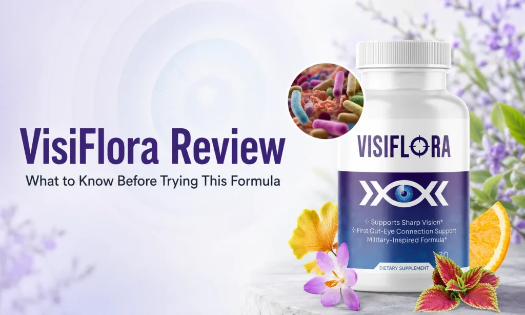 VisiFlora supplement bottle with eye-health graphics and the title “VisiFlora Review: What to Know Before Trying This Formula.”