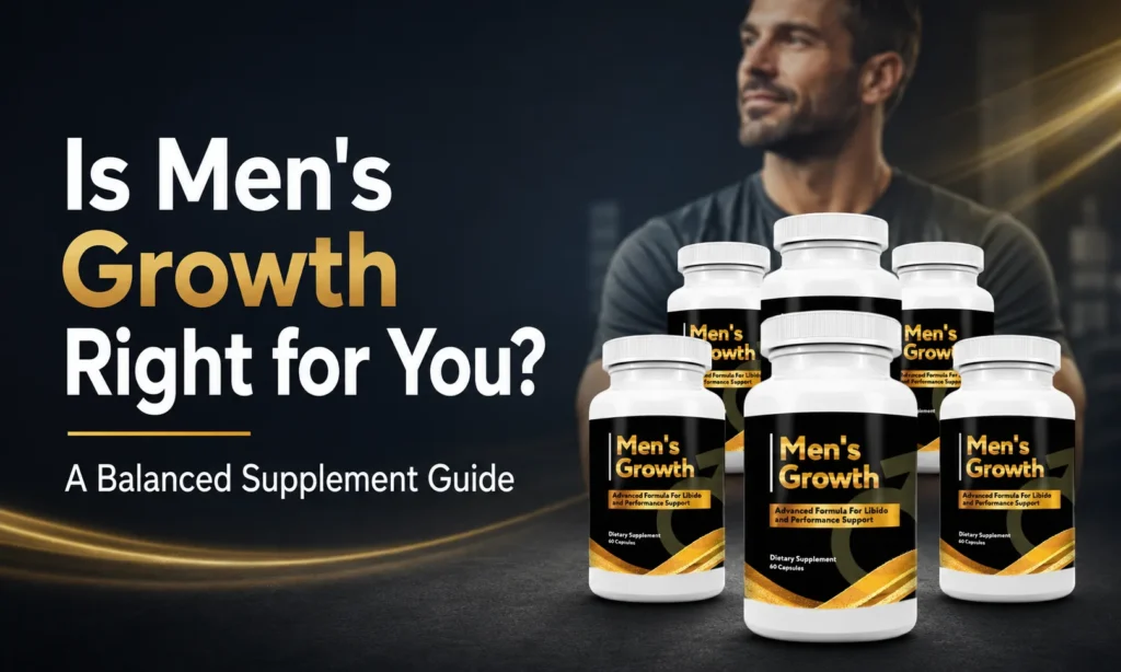 Men’s Growth supplement bottles with a confident man and the title “Is Men’s Growth Right for You? A Balanced Supplement Guide.”
