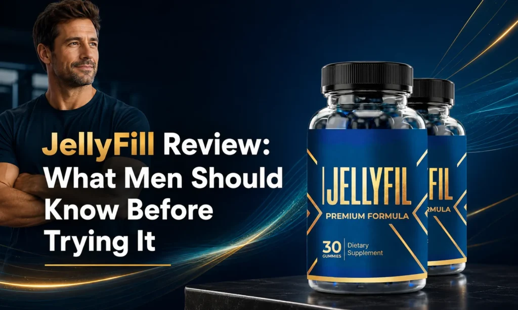JellyFill Review feature image showing JellyFil supplement bottles beside an active adult man.