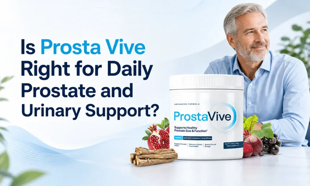 Prosta Vive supplement with an older man and the title about daily prostate and urinary support.