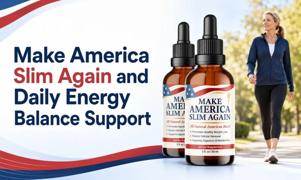Make America Slim Again liquid supplement bottles with an active woman promoting daily energy balance support.