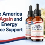 Make America Slim Again liquid supplement bottles with an active woman promoting daily energy balance support.