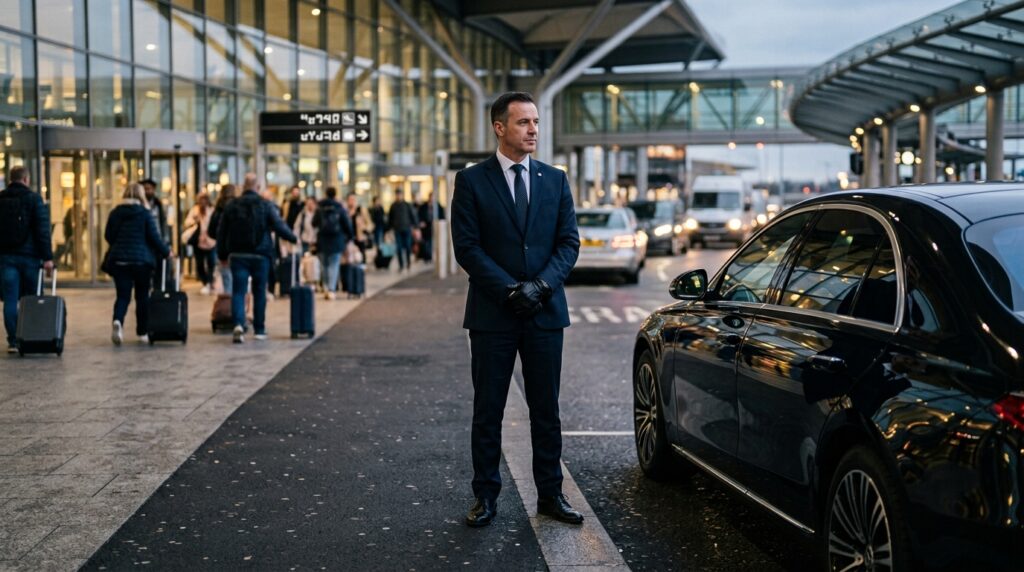 Chauffeur standing beside luxury… 202607150117 2