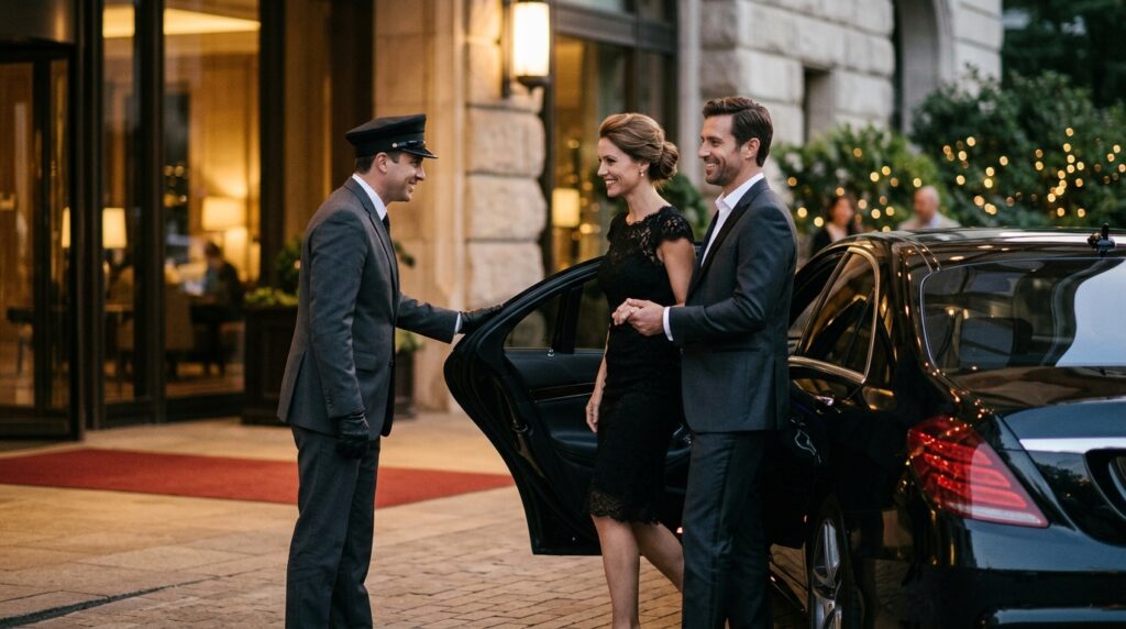 Couple entering executive sedan 202607091342