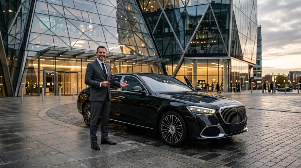 Driver standing beside luxury sedan 202607031611