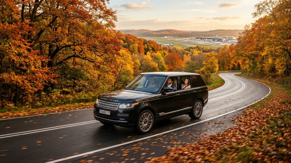Luxury SUV driving tree lined road 202607221028