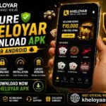 Promotional banner for Secure Kheloyar Download APK for Android featuring the Kheloyar logo, a smartphone displaying the Kheloyar gaming app, Android download button, 100% safe and trusted badge, welcome bonus, casino games including Teen Patti, Blackjack, Roulette, Aviator, and Slots, plus highlights of secure download, fast installation, malware-free protection, 24/7 support, exclusive bonuses, and the official website kheloyaarz.com.