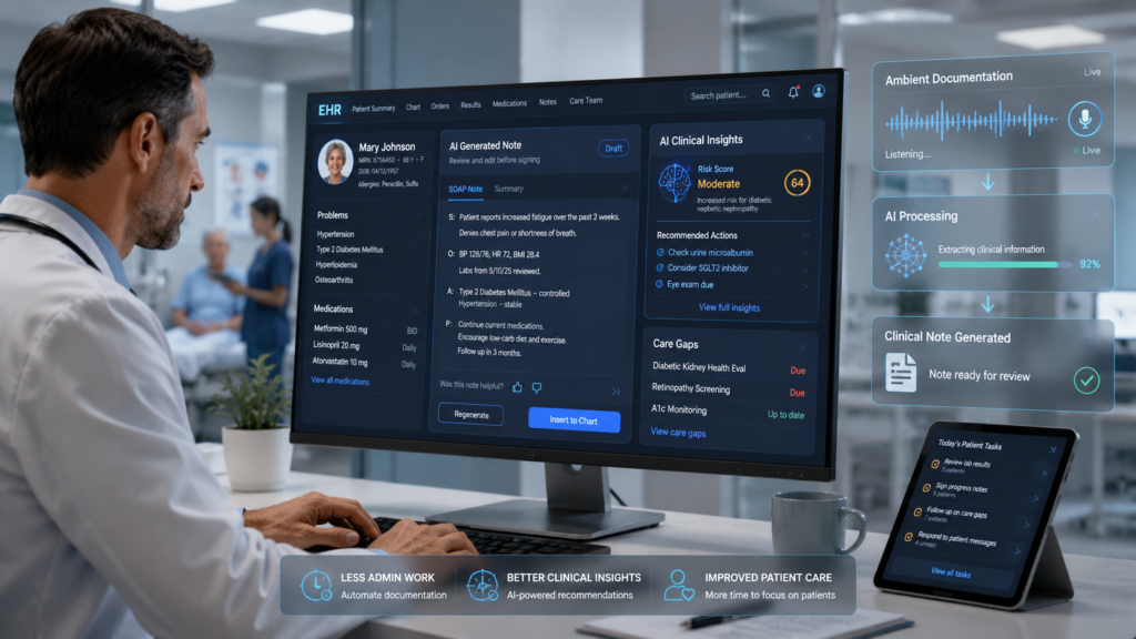 Physician using AI-powered electronic health records for clinical decision support and documentation