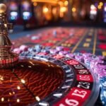 casino theme high contrast image of casino roulette poker game dice game poker chips on gaming table all on colorful bokeh background photo