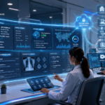 Future electronic health records platform with AI-powered healthcare technology in a modern hospital environment