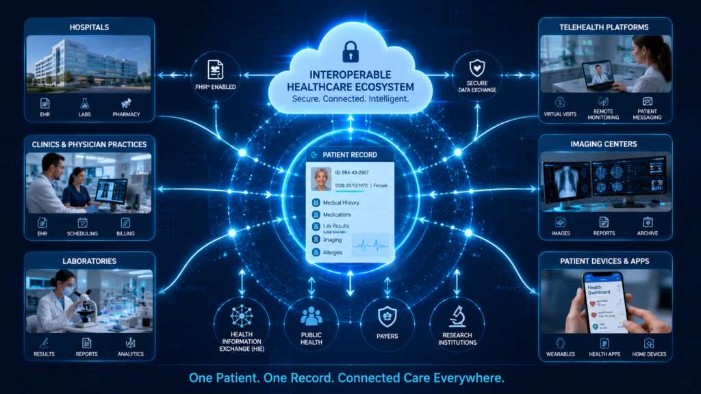 Healthcare interoperability network connecting hospitals, clinics, and patient records through secure data exchange