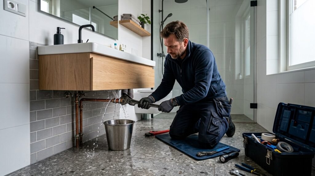 Plumber repairing burst water pipe 202608102325