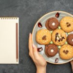 top view sweet cookies inside plate dark grey background sugar cookie sweet biscuit cake tea