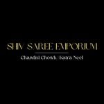 Shiv Saree Emporium logo with gold text on a black background, featuring the business name and location "Chandni Chowk, katra neel Delhi."