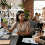 An Indian Webflow designer collaborating with a UK business client on website copy and layout in a modern office.