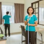 asian female janitor wearing turquoise uniform standing holding broom hotel room 8595 32181 1