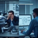lucid origin A split scene professional image contrasting a cluttered frustrated employee usi 0