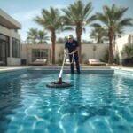 lucid origin Professional pool technician in uniform cleaning a crystal clear luxury villa sw 0