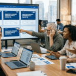 Team analyzing repetitive website design on a large monitor in an office