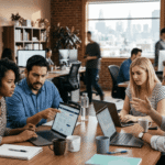 Diverse business team reviewing website designs on laptops in a modern office setup.